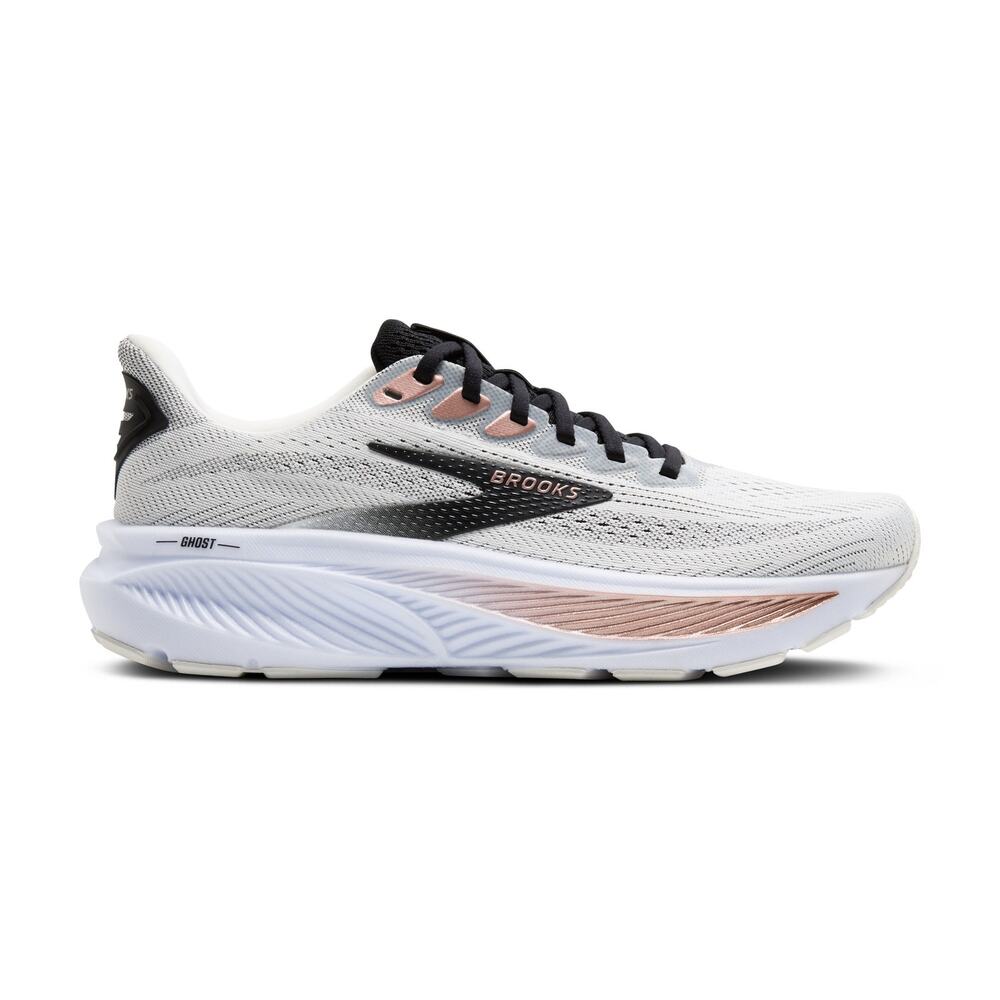 Brooks Women's Ghost 17 Running Shoe in White/Black/Rose Gold Size 6.5
